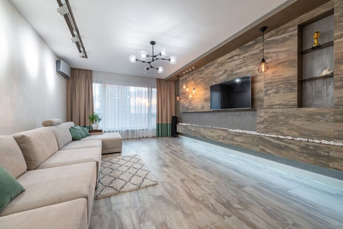 A stylish apartment living room with neutral tones