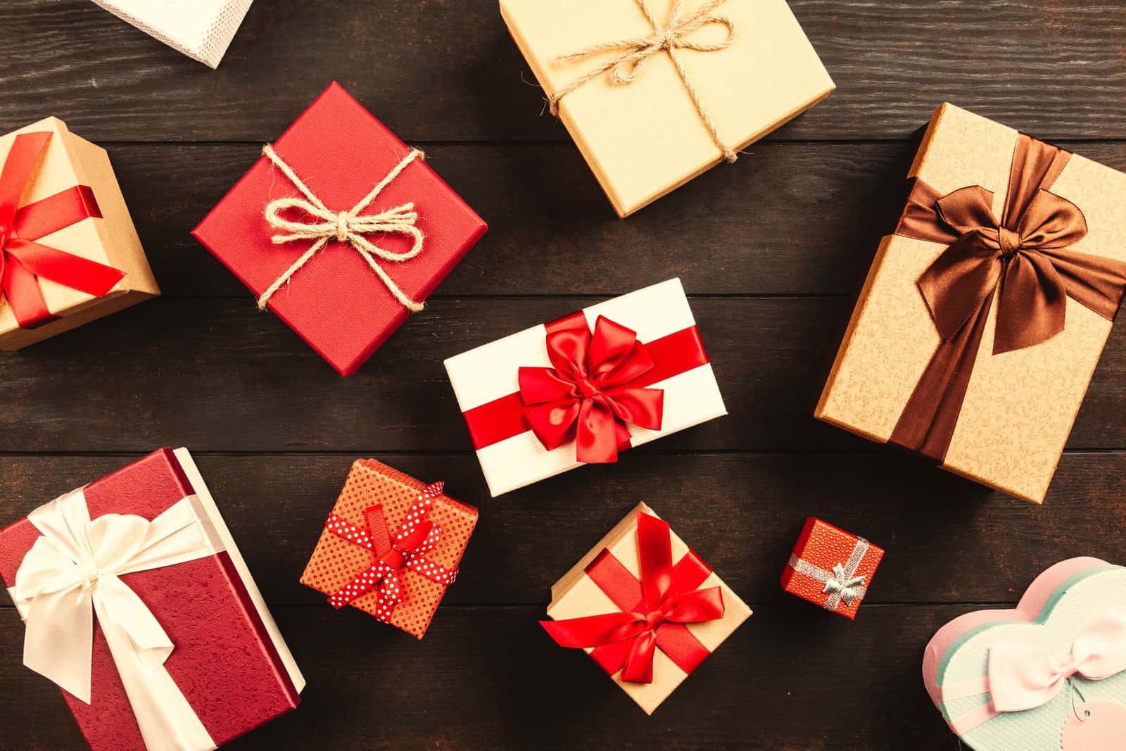 Wrapped gift boxes with ribbon on a table