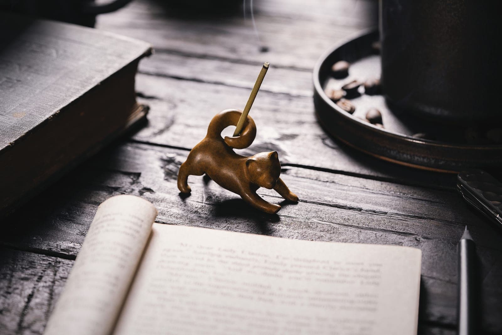 A small ceramic ornament and a book on a wooden surface